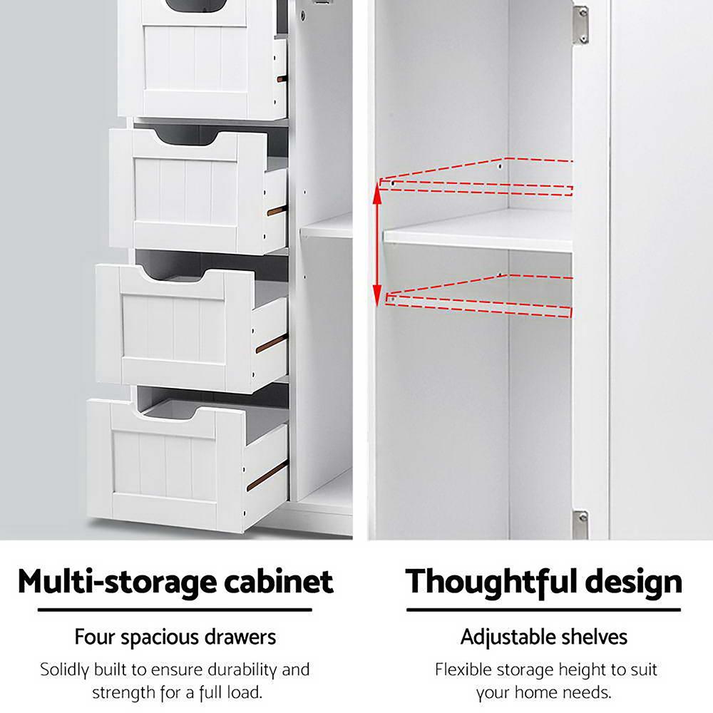 Artiss Bathroom Tallboy Storage Cabinet in White with four drawers and two shelves, showcasing a modern design and eco-friendly materials.