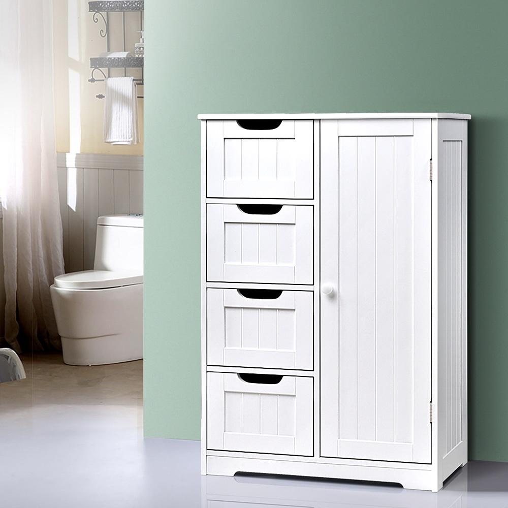 Artiss Bathroom Tallboy Storage Cabinet in White with four drawers and two shelves, showcasing a modern design and eco-friendly materials.