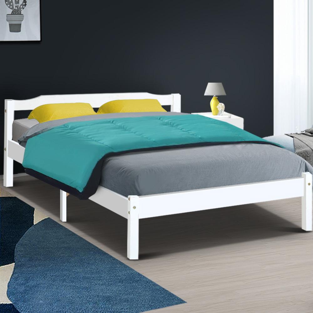 Artiss Double Bed Frame made of solid pine wood with a stylish headboard and smooth edges, finished in eco-friendly white paint.