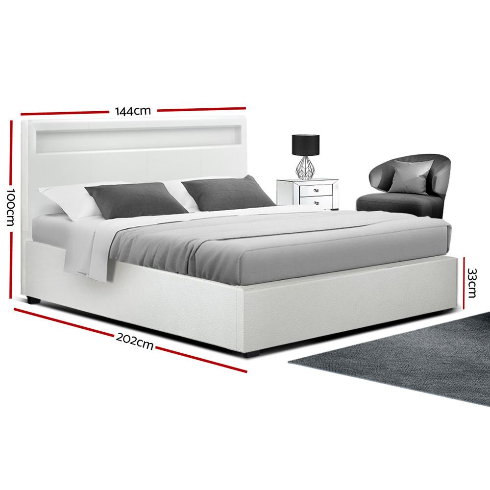 Artiss Double Size Gas Lift Bed Frame in White with RGB LED lights and padded headboard, showcasing modern design and ample storage space.