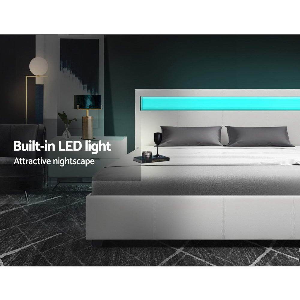 Artiss Double Size Gas Lift Bed Frame in White with RGB LED lights and padded headboard, showcasing modern design and ample storage space.