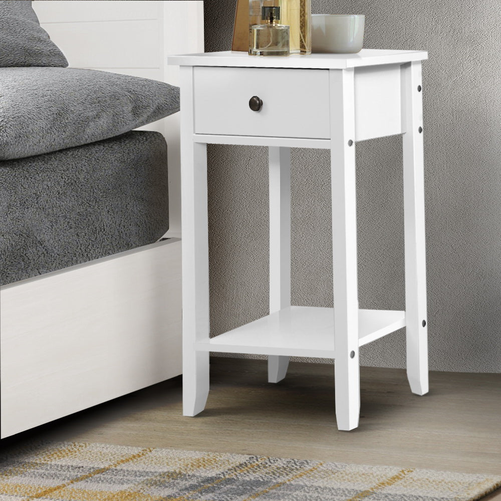 Artiss Bedside Table in White with 1 drawer and shelf, featuring a retro metal knob and clean lines, perfect for any bedroom decor.