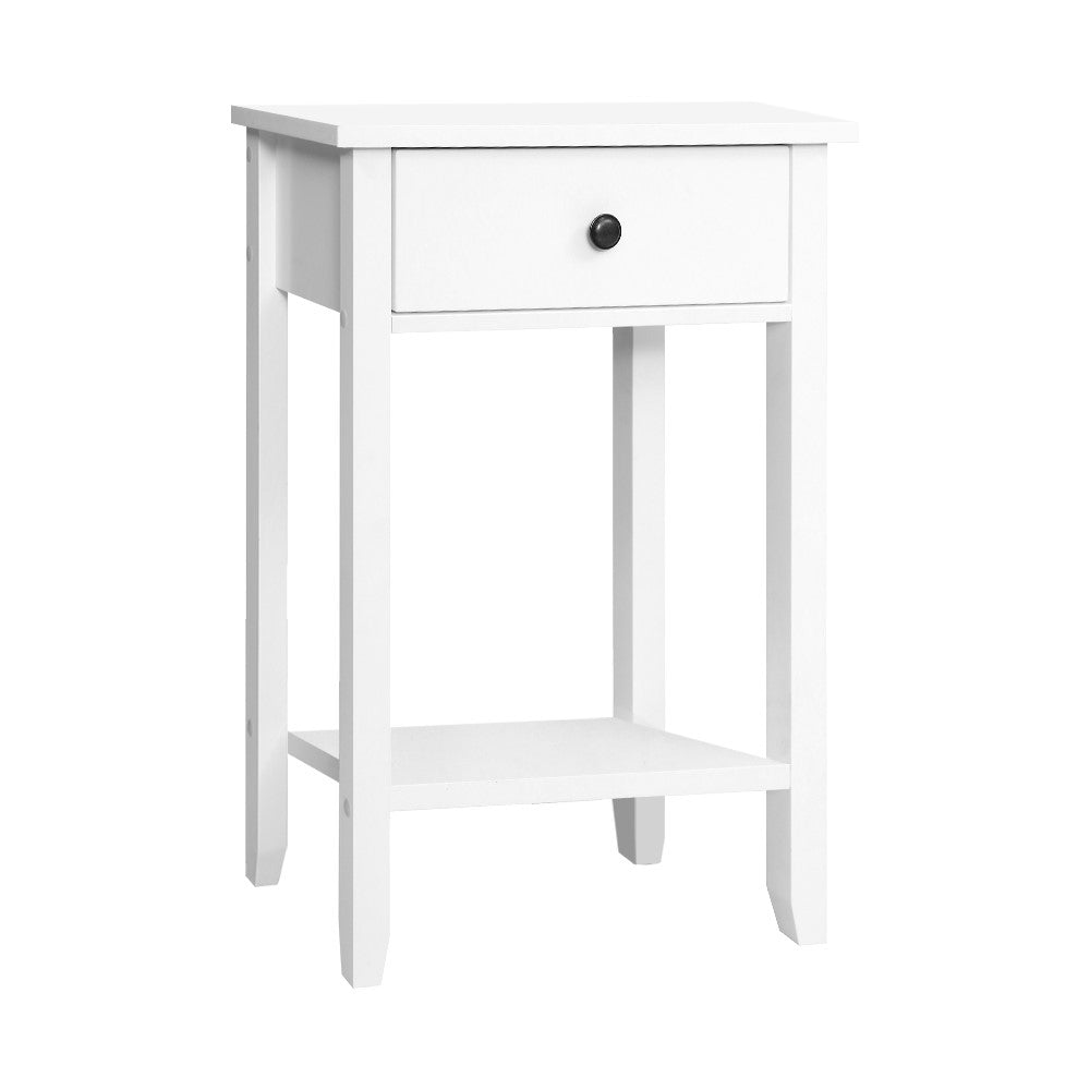 Artiss Bedside Table in White with 1 drawer and shelf, featuring a retro metal knob and clean lines, perfect for any bedroom decor.