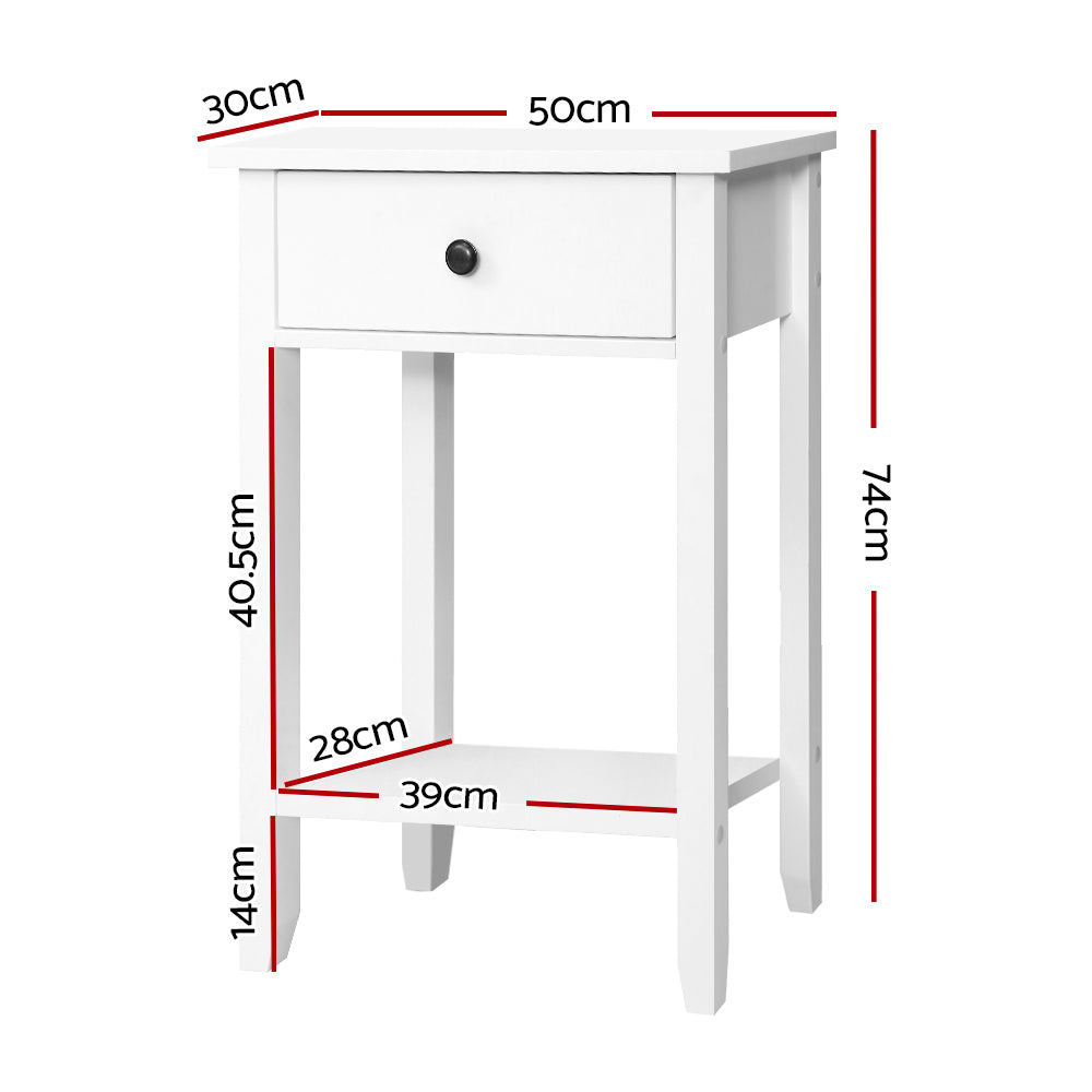 Artiss Bedside Table in White with 1 drawer and shelf, featuring a retro metal knob and clean lines, perfect for any bedroom decor.