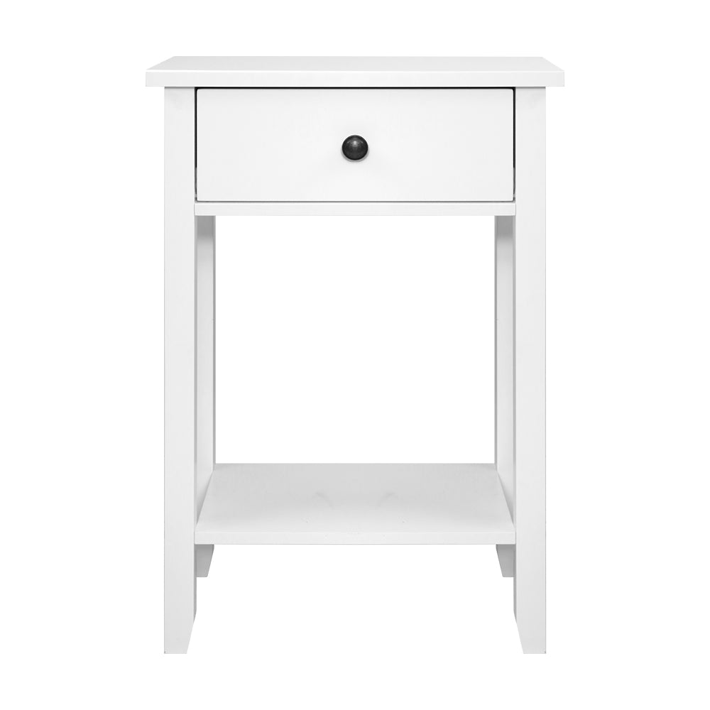 Artiss Bedside Table in White with 1 drawer and shelf, featuring a retro metal knob and clean lines, perfect for any bedroom decor.