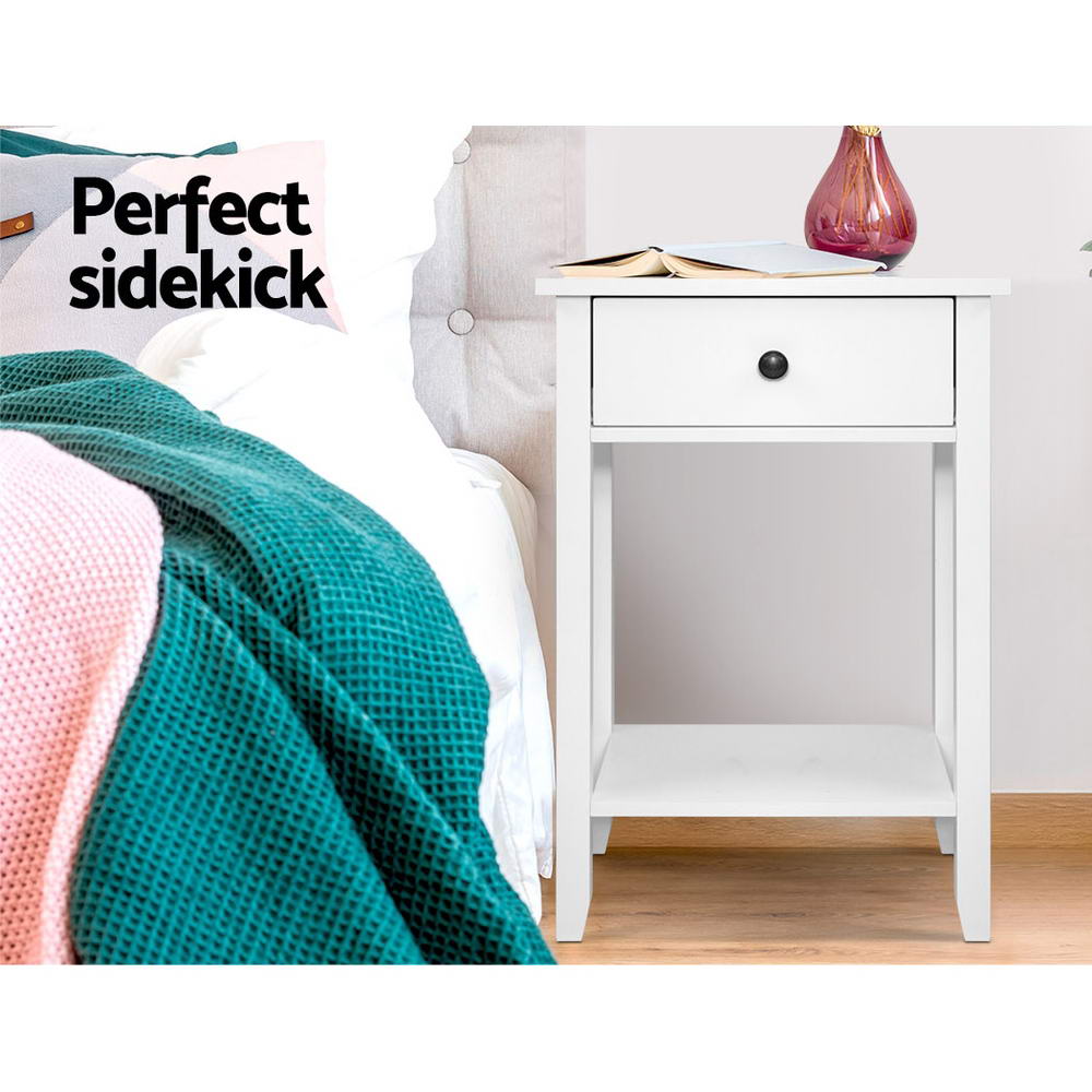 Artiss Bedside Table in White with 1 drawer and shelf, featuring a retro metal knob and clean lines, perfect for any bedroom decor.