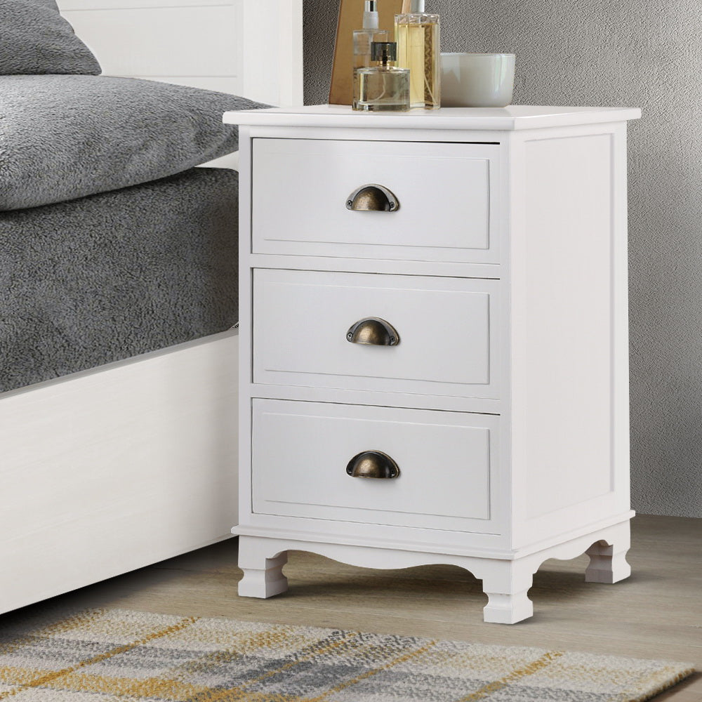 Artiss Bedside Table with 3 drawers in vintage white finish, featuring curved accents and vintage metal handles.