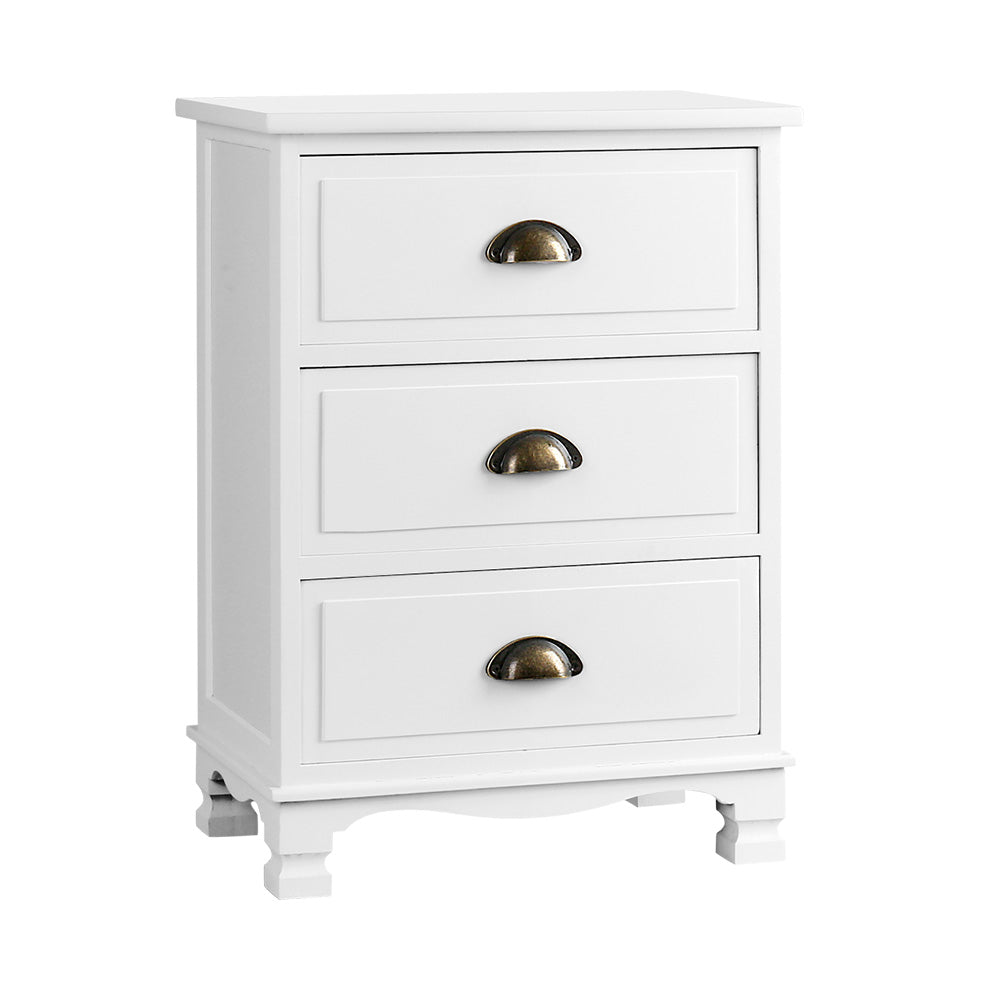 Artiss Bedside Table with 3 drawers in vintage white finish, featuring curved accents and vintage metal handles.