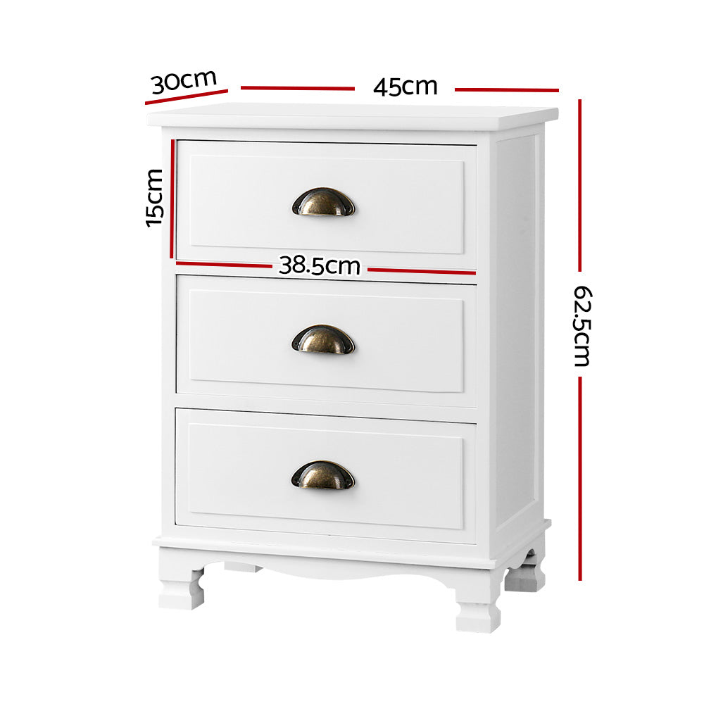 Artiss Bedside Table with 3 drawers in vintage white finish, featuring curved accents and vintage metal handles.