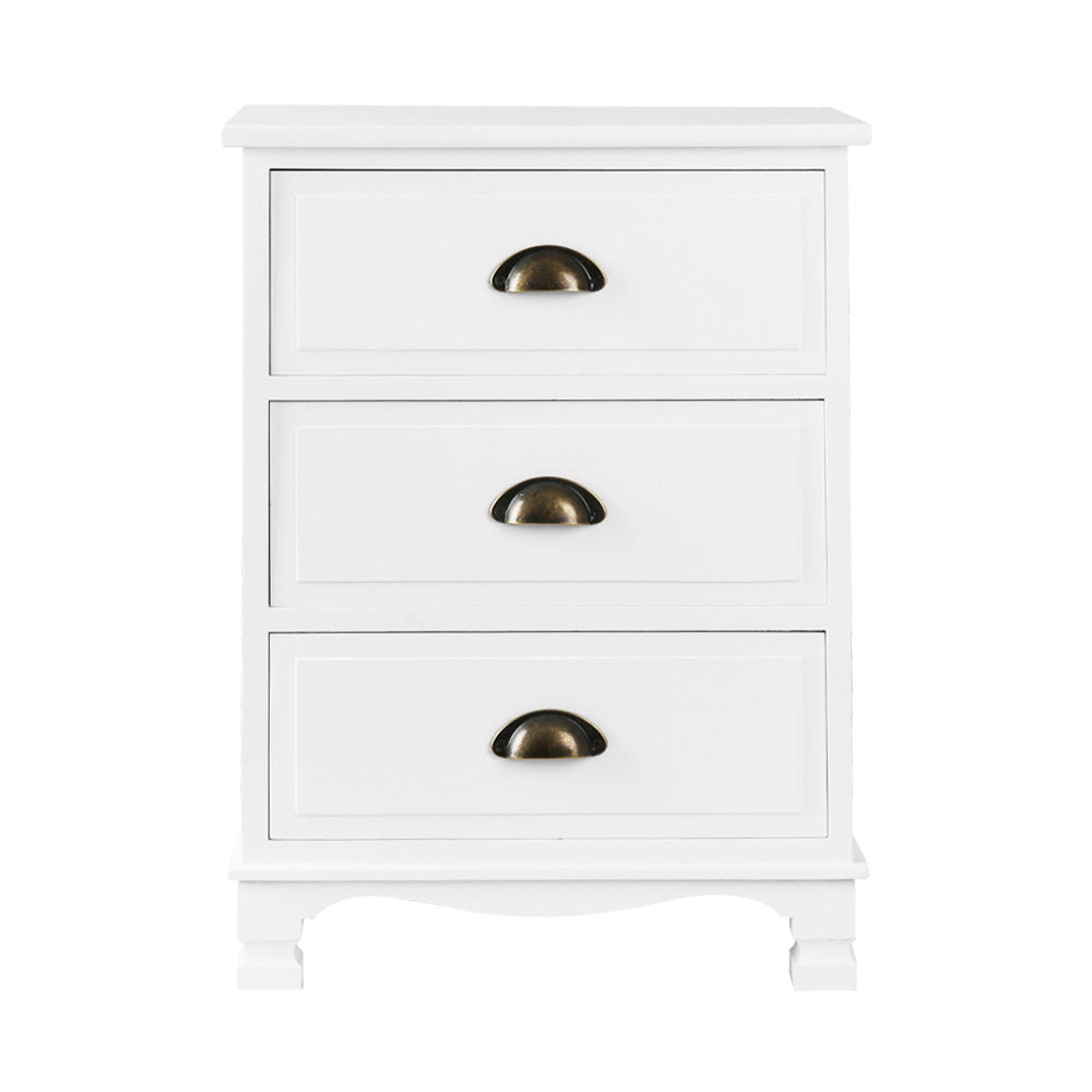 Artiss Bedside Table with 3 drawers in vintage white finish, featuring curved accents and vintage metal handles.