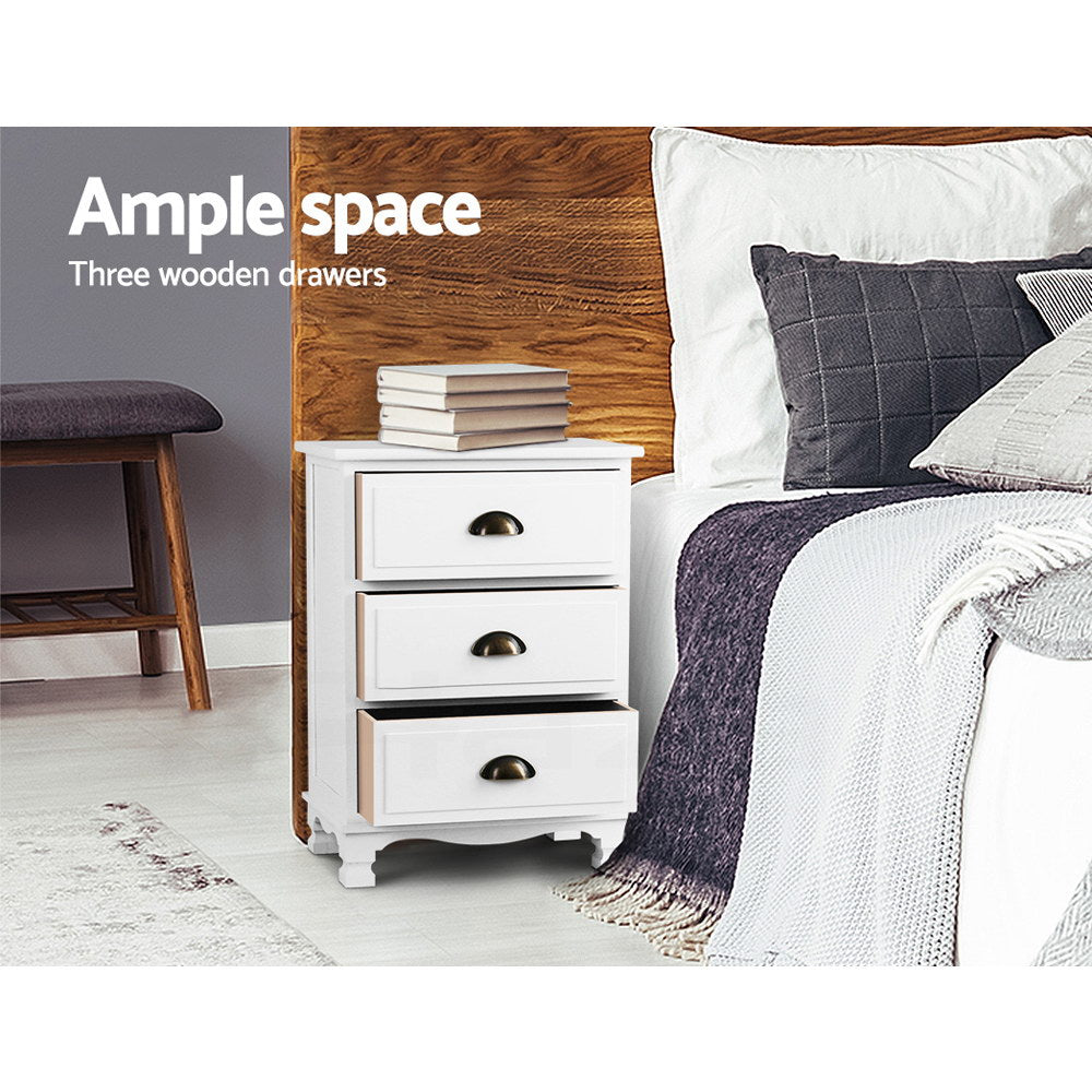 Artiss Bedside Table with 3 drawers in vintage white finish, featuring curved accents and vintage metal handles.