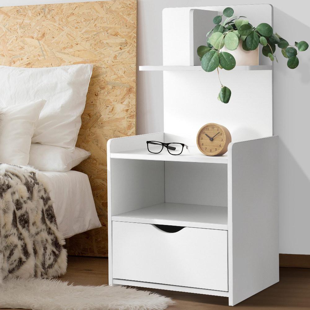 Artiss Bedside Table with drawer and shelf, featuring a sleek white design and rounded corners, perfect for bedroom storage and display.