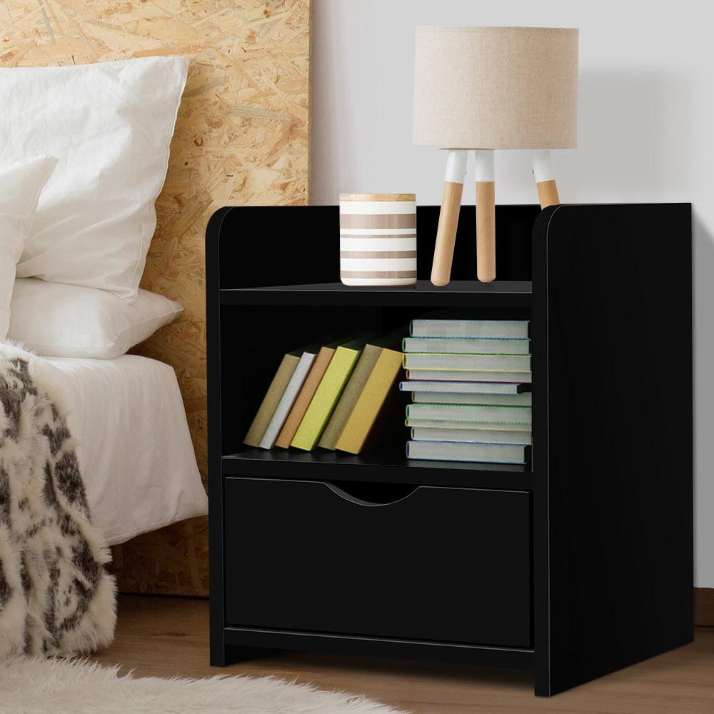 Artiss Bedside Table Drawer in Black with a sleek design, featuring a drawer and shelving unit, perfect for bedroom storage.