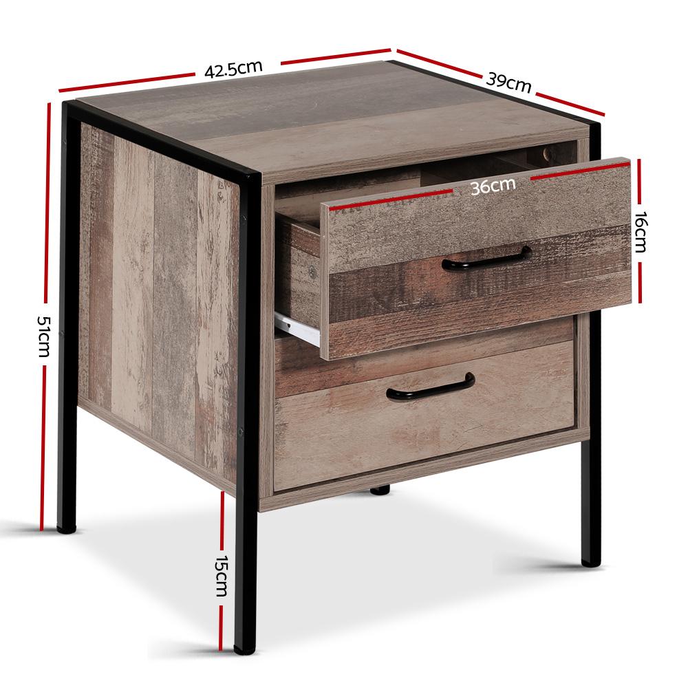 Artiss Bedside Table featuring two drawers, black metal frame, and dark oak finish, perfect for bedroom storage.