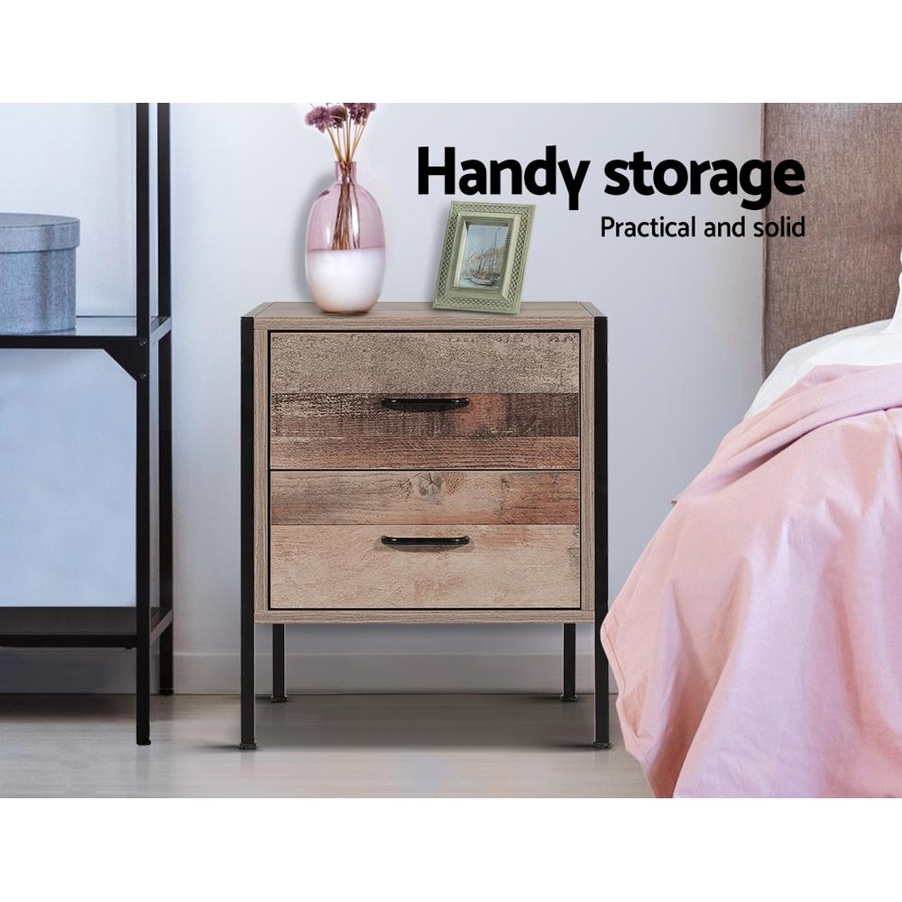 Artiss Bedside Table featuring two drawers, black metal frame, and dark oak finish, perfect for bedroom storage.