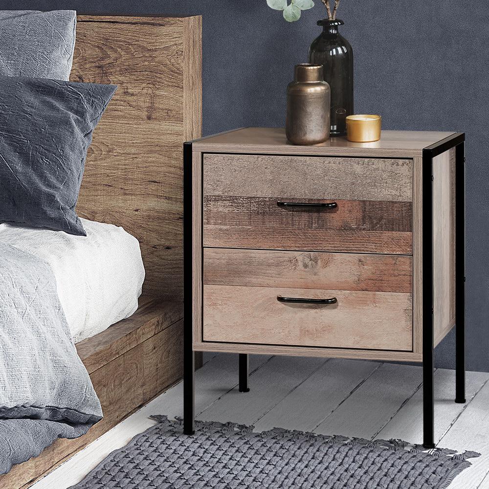 Artiss Bedside Table featuring two drawers, black metal frame, and dark oak finish, perfect for bedroom storage.