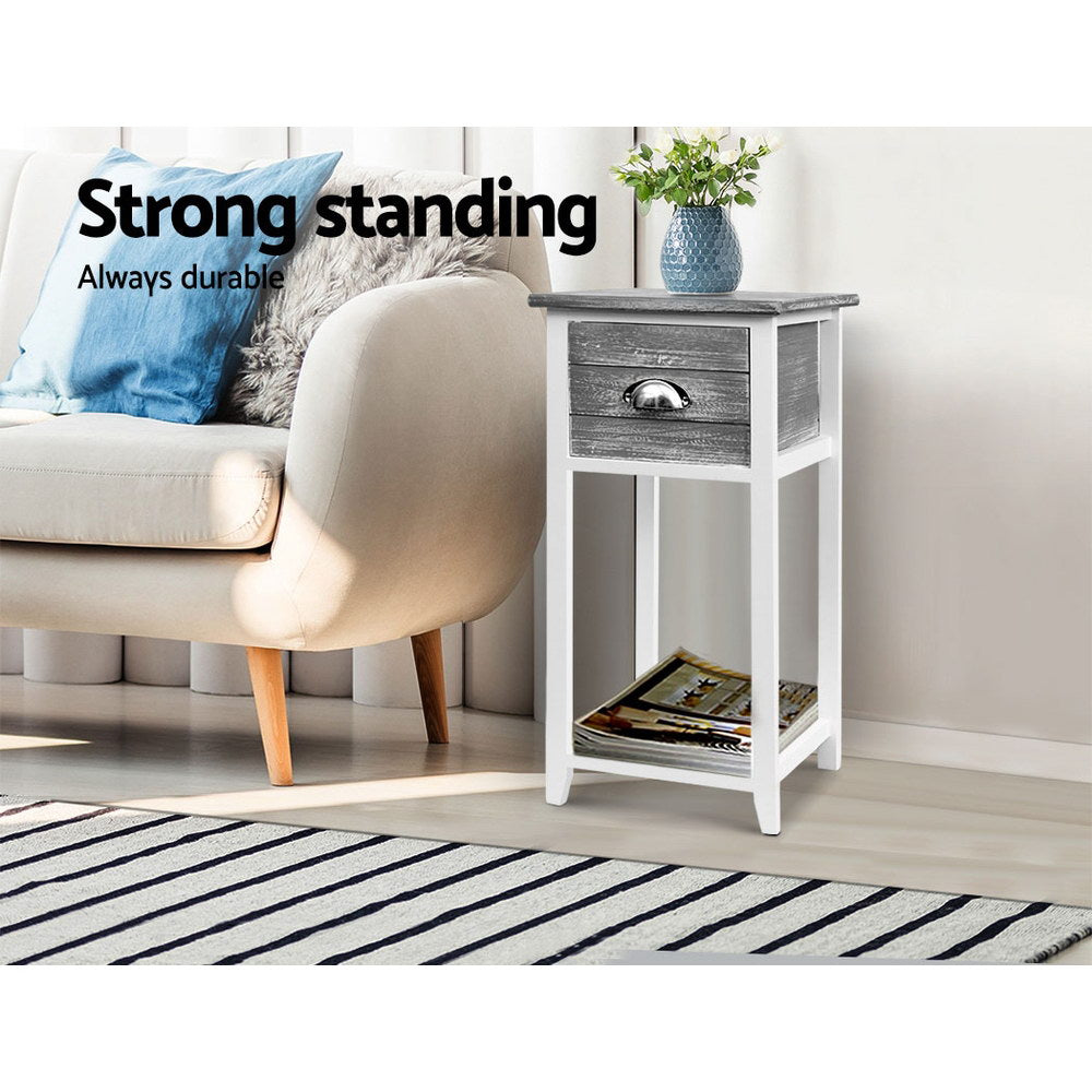 Artiss Bedside Table Nightstand with drawer and shelf in grey finish, featuring vintage design and antique handle.