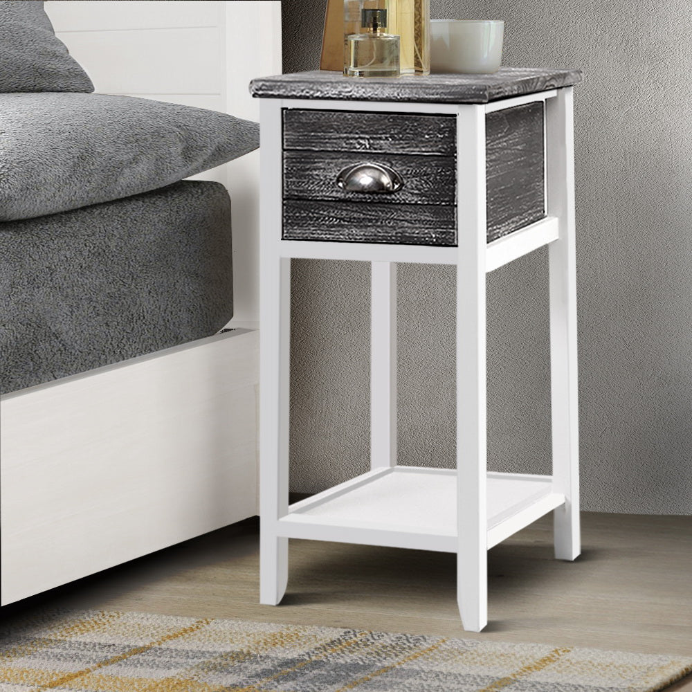 Artiss Bedside Table Nightstand with drawer and shelf in grey finish, featuring vintage design and antique handle.