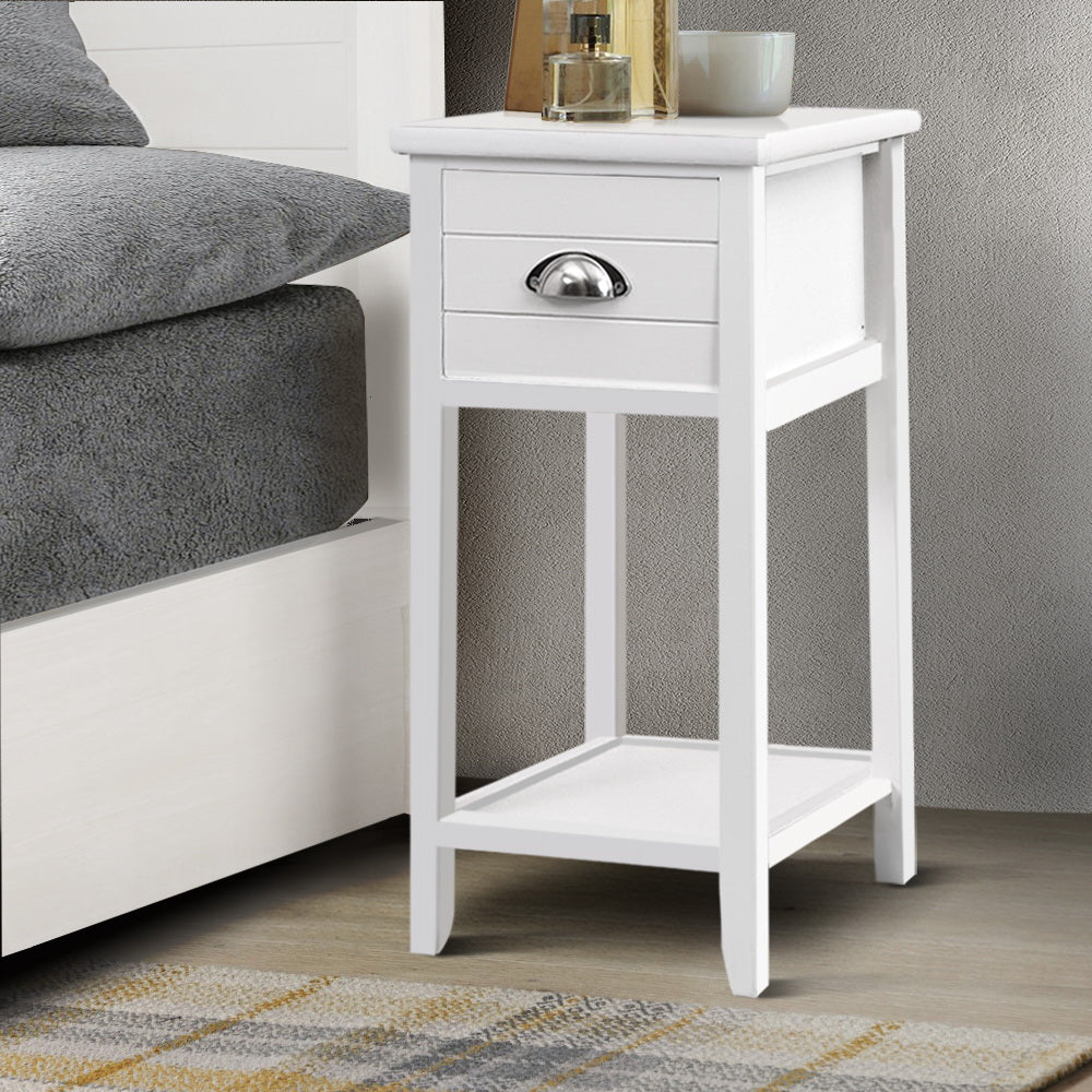 Artiss Bedside Table featuring vintage design, deep drawer, and bottom shelf in white finish, made from Paulownia wood and MDF.