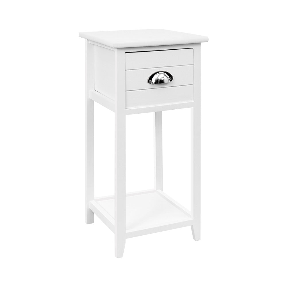 Artiss Bedside Table featuring vintage design, deep drawer, and bottom shelf in white finish, made from Paulownia wood and MDF.