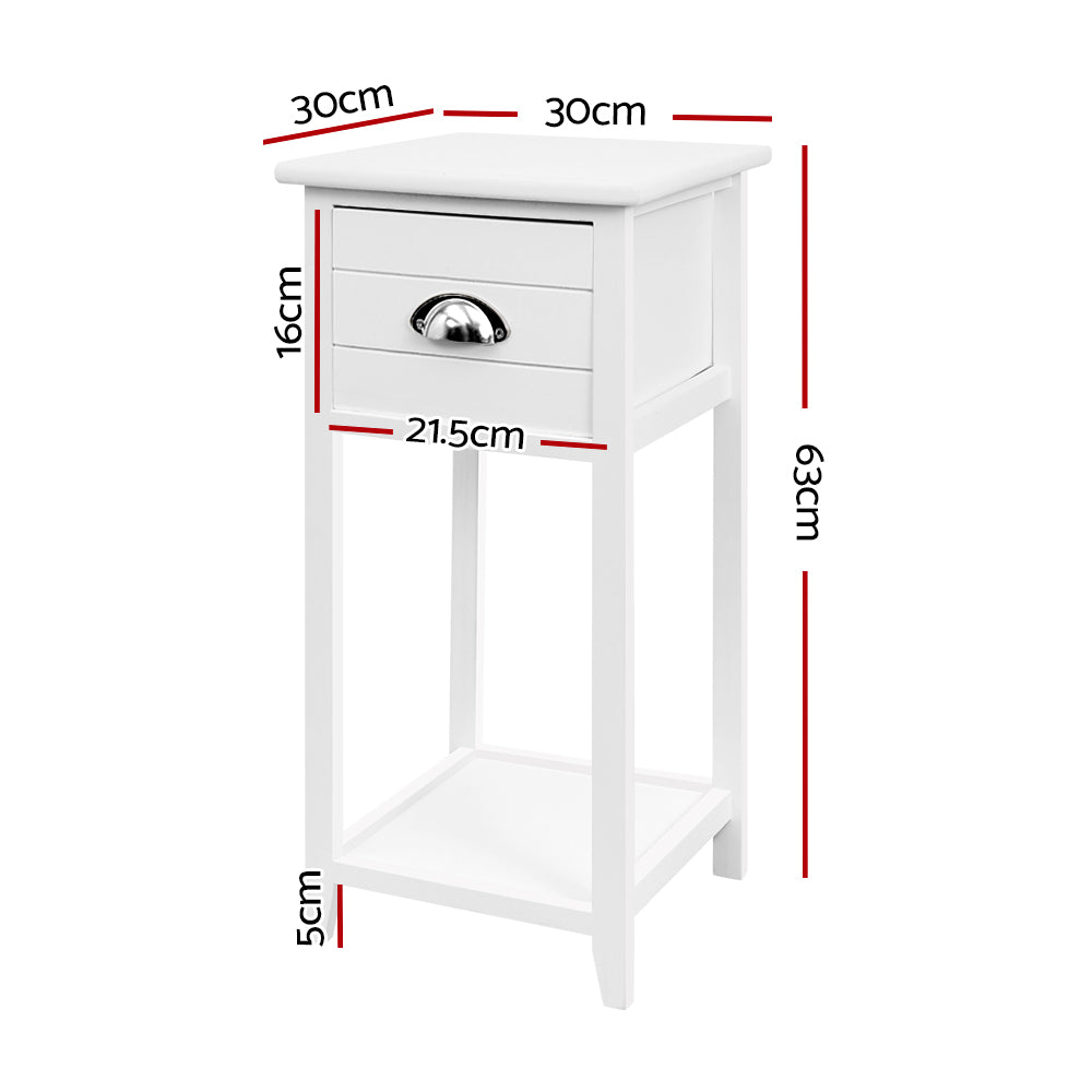 Artiss Bedside Table featuring vintage design, deep drawer, and bottom shelf in white finish, made from Paulownia wood and MDF.