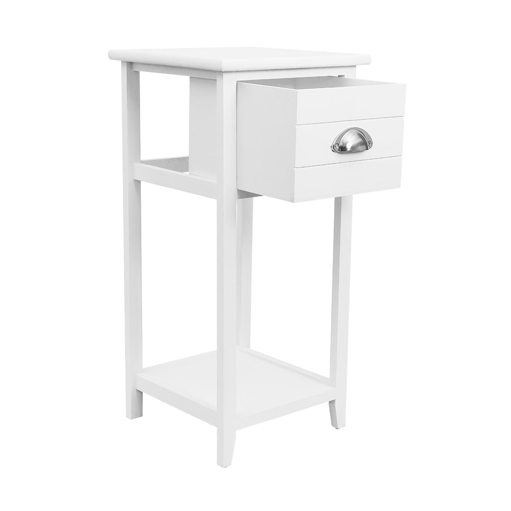 Artiss Bedside Table featuring vintage design, deep drawer, and bottom shelf in white finish, made from Paulownia wood and MDF.