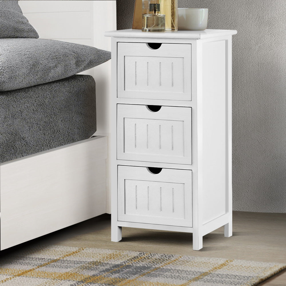 Artiss Bedside Table in white with three drawers and air gap handles, showcasing its elegant design and sturdy construction.