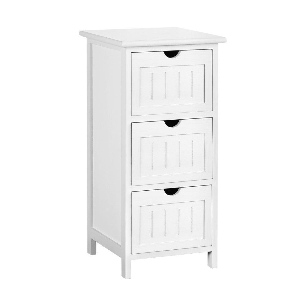 Artiss Bedside Table in white with three drawers and air gap handles, showcasing its elegant design and sturdy construction.