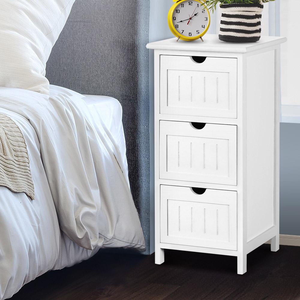 Artiss Bedside Table in white with three drawers and air gap handles, showcasing a rustic design and durable construction.