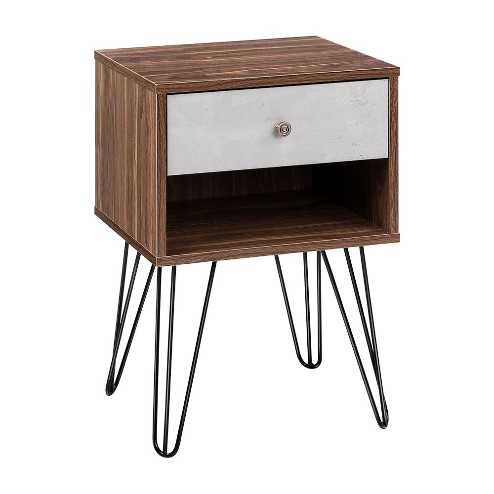 Artiss Bedside Table with Drawer in grey and walnut finish, featuring a spacious drawer, polished steel handle, and sturdy metal wire legs.