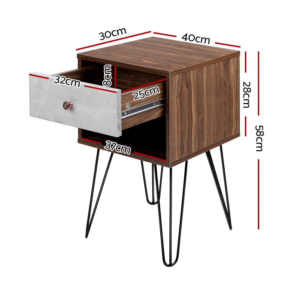 Artiss Bedside Table with Drawer in grey and walnut finish, featuring a spacious drawer, polished steel handle, and sturdy metal wire legs.