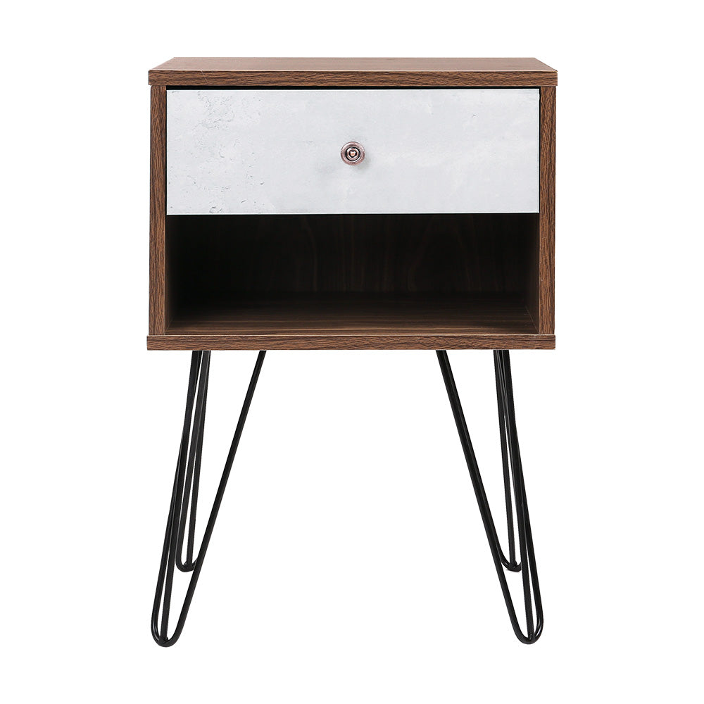 Artiss Bedside Table with Drawer in grey and walnut finish, featuring a spacious drawer, polished steel handle, and sturdy metal wire legs.