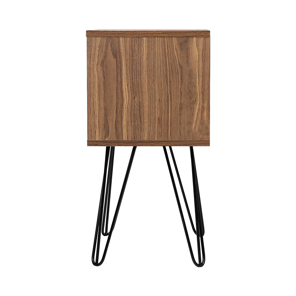 Artiss Bedside Table with Drawer in grey and walnut finish, featuring a spacious drawer, polished steel handle, and sturdy metal wire legs.