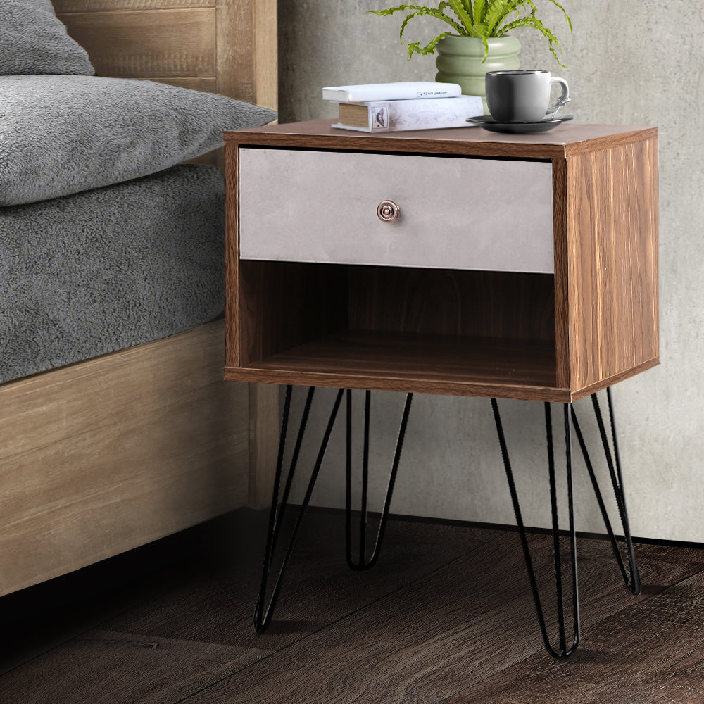 Artiss Bedside Table with Drawer in grey and walnut finish, featuring a spacious drawer, polished steel handle, and sturdy metal wire legs.