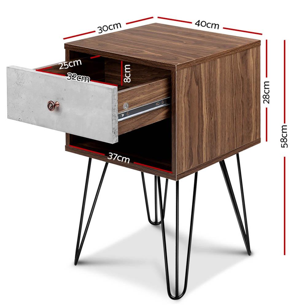 Artiss Bedside Table with Drawer in grey and walnut finish, featuring a spacious drawer and sturdy metal wire legs.