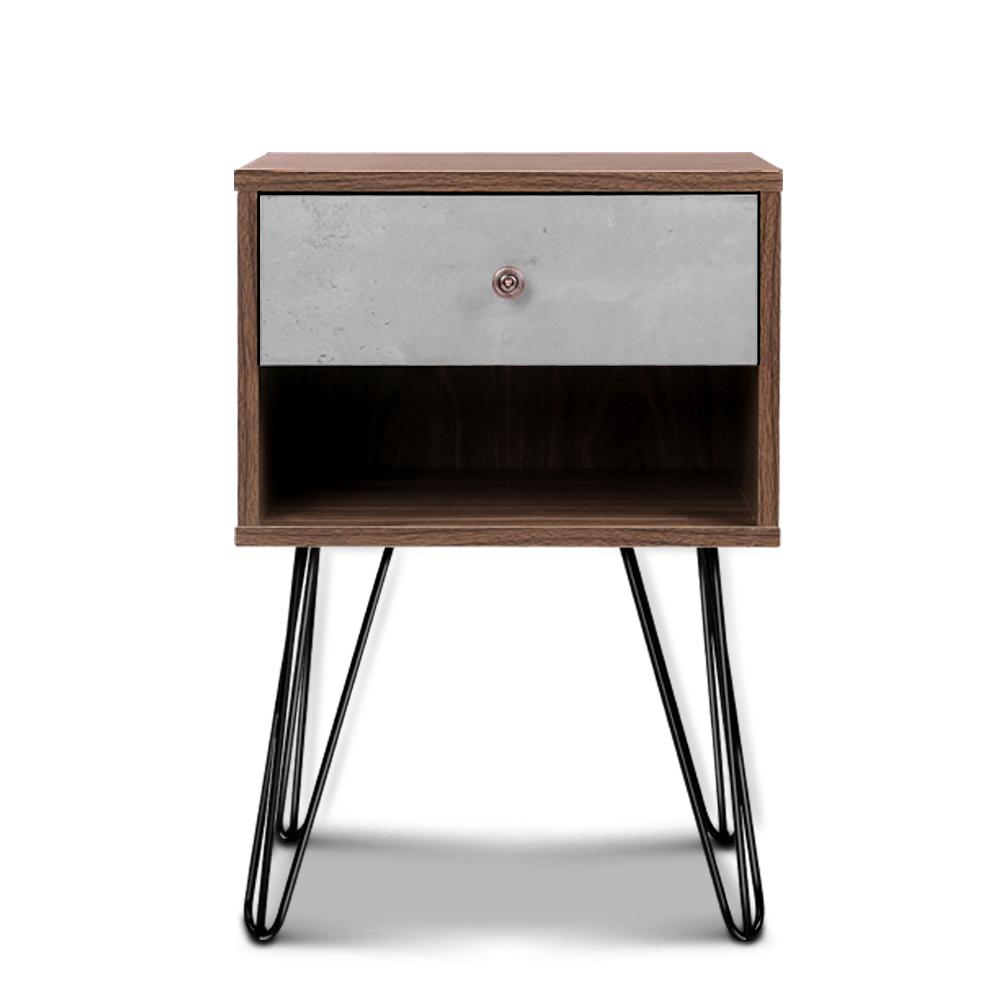 Artiss Bedside Table with Drawer in grey and walnut finish, featuring a spacious drawer and sturdy metal wire legs.