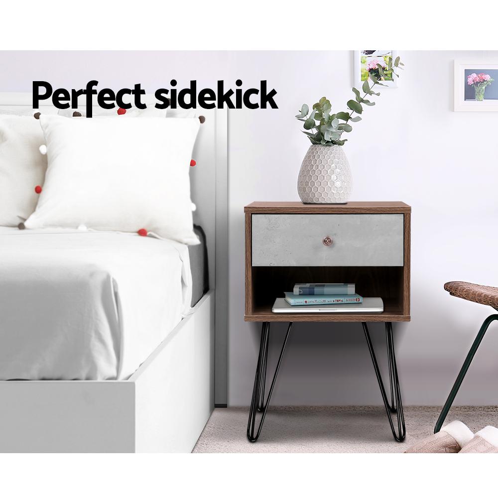 Artiss Bedside Table with Drawer in grey and walnut finish, featuring a spacious drawer and sturdy metal wire legs.