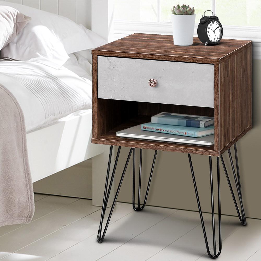 Artiss Bedside Table with Drawer in grey and walnut finish, featuring a spacious drawer and sturdy metal wire legs.