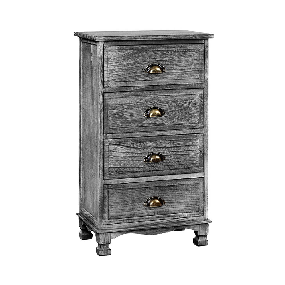 Artiss vintage bedside table with four grey drawers and metal handles, showcasing elegant curved accents and anti-scratch feet pads.