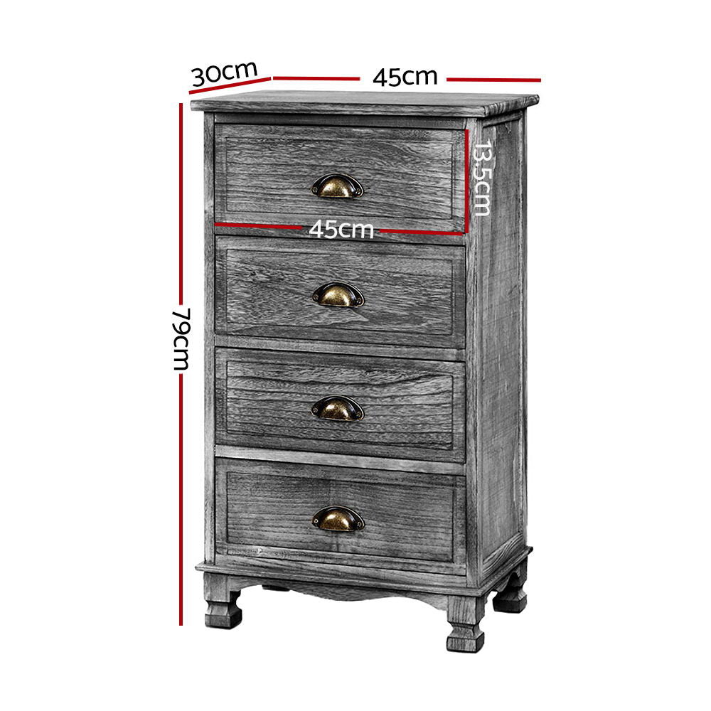 Artiss vintage bedside table with four grey drawers and metal handles, showcasing elegant curved accents and anti-scratch feet pads.