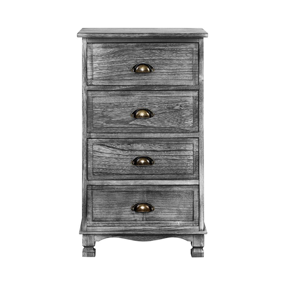 Artiss vintage bedside table with four grey drawers and metal handles, showcasing elegant curved accents and anti-scratch feet pads.