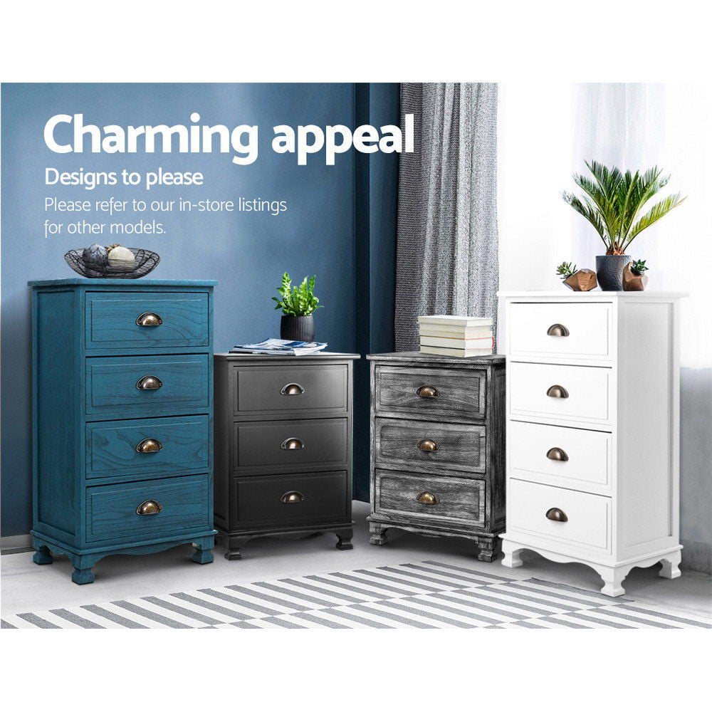 Artiss vintage bedside table with four grey drawers and metal handles, showcasing elegant curved accents and anti-scratch feet pads.