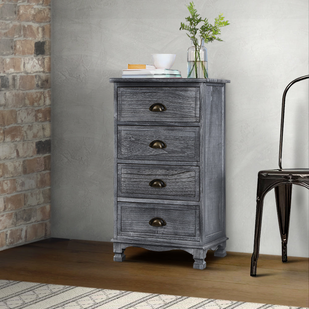 Artiss vintage bedside table with four grey drawers and metal handles, showcasing elegant curved accents and anti-scratch feet pads.