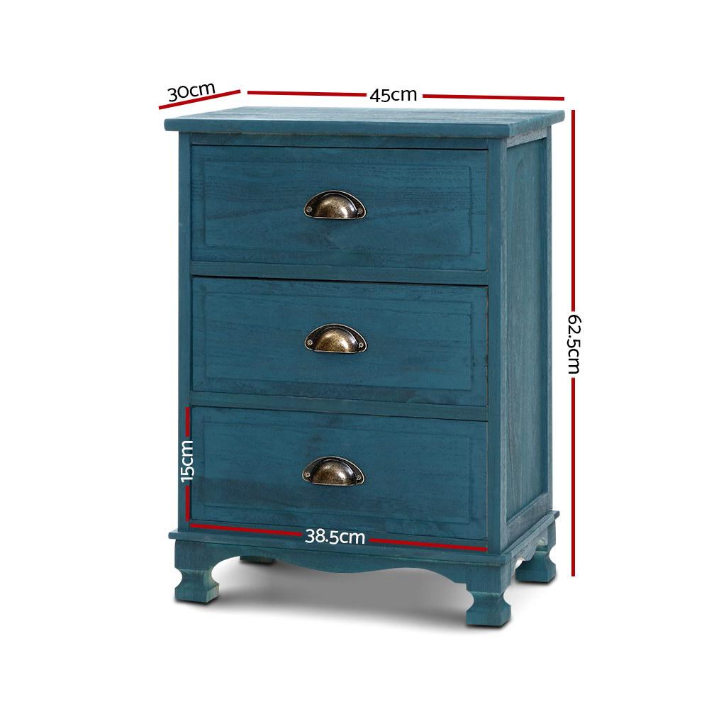 Artiss vintage blue bedside table with three drawers and metal handles, showcasing elegant design and sturdy construction.