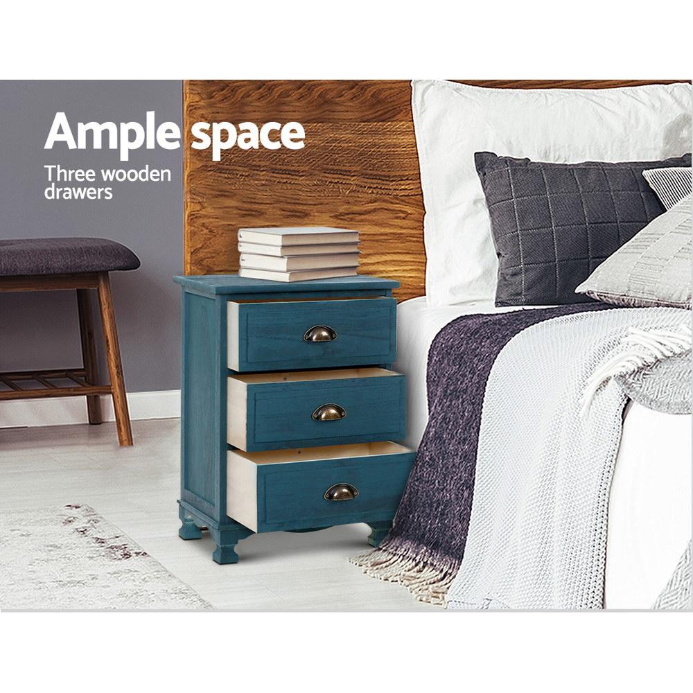 Artiss vintage blue bedside table with three drawers and metal handles, showcasing elegant design and sturdy construction.