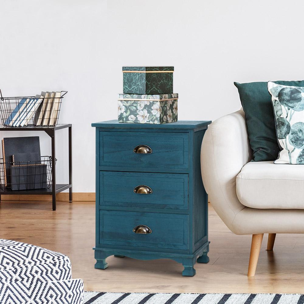 Artiss vintage blue bedside table with three drawers and metal handles, showcasing elegant design and sturdy construction.