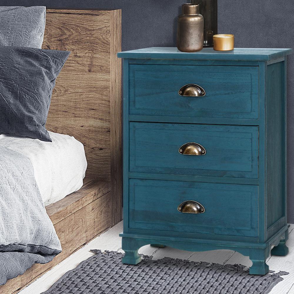 Artiss vintage blue bedside table with three drawers and metal handles, showcasing elegant design and sturdy construction.