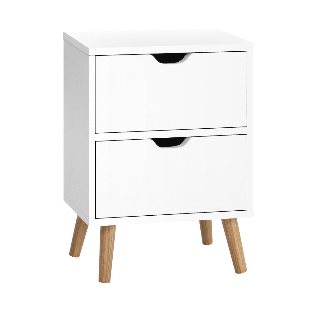 Artiss Bedside Table in white with two drawers and splayed legs, showcasing Scandinavian-inspired design.