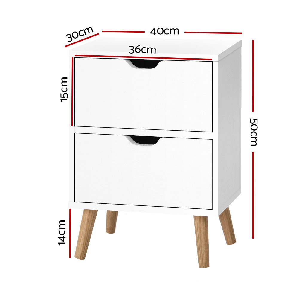 Artiss Bedside Table in white with two drawers and splayed legs, showcasing Scandinavian-inspired design.