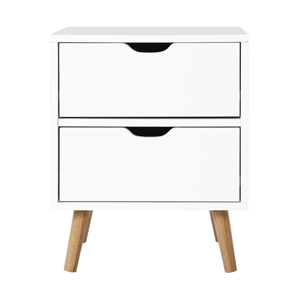 Artiss Bedside Table in white with two drawers and splayed legs, showcasing Scandinavian-inspired design.